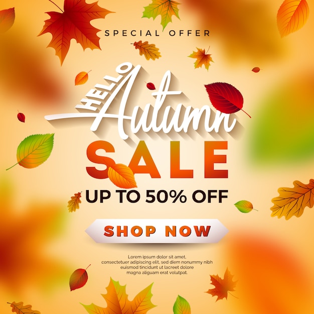 Autumn Sale Design with Falling Leaves and Lettering on Light Background. 