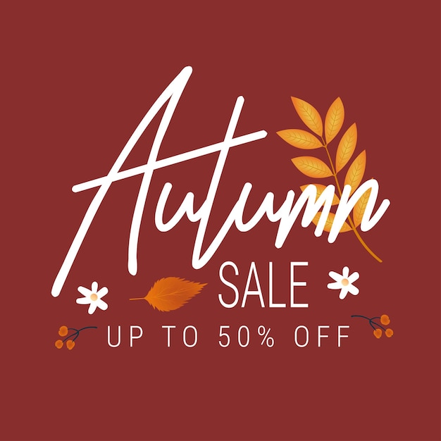 Autumn sale illustration with hand drawing  lettering and autumn leaves. Templates for holiday banners, flyers