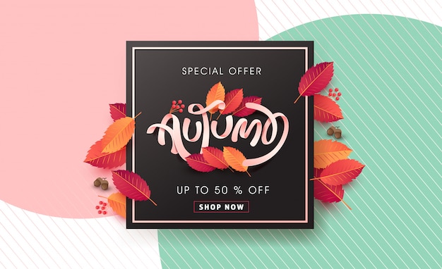 Autumn sale layout decorate with leaves for shopping sale web banner.