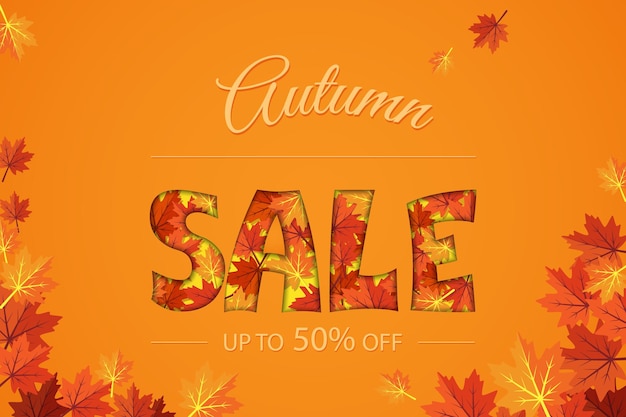 Autumn sale orange yellow banner with leaves and discount up to fifty percent  Vector  flat