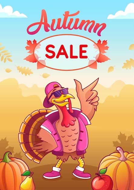 Autumn sale. Vector banner. Cool dancing turkey in glasses and cap. Pumpkins, apple, pear, leaves