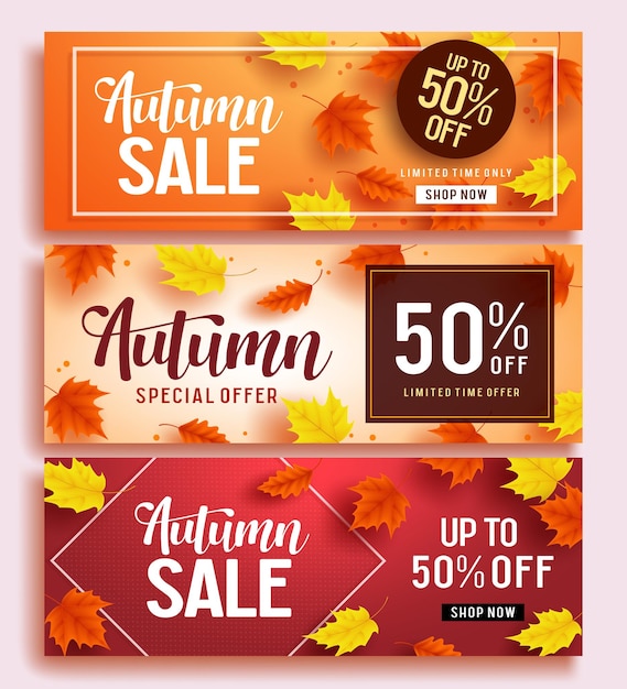 Autumn sale vector banner set template with colorful maple leaves background and sale text for fall