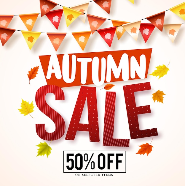 Autumn sale vector banner with colorful streamers hanging and leaves pattern