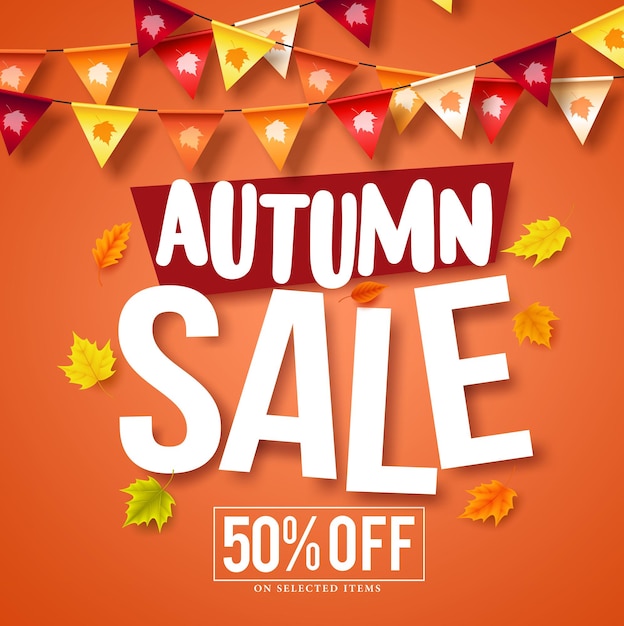 Autumn sale vector banner with colorful streamers hanging and leaves pattern