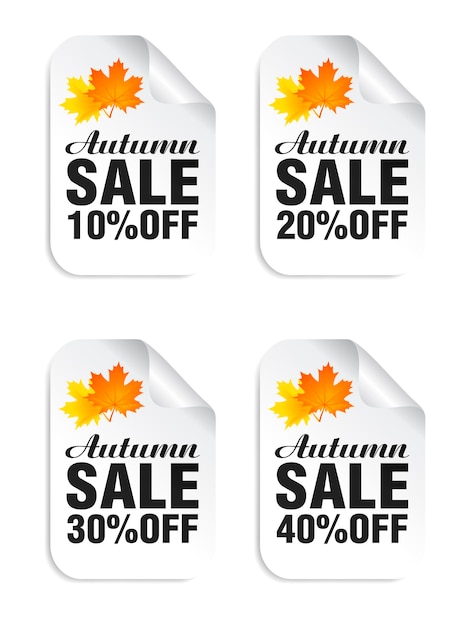 Autumn sale white stickers set with autumn leaves Autumn Sale 10 20 30 40 off