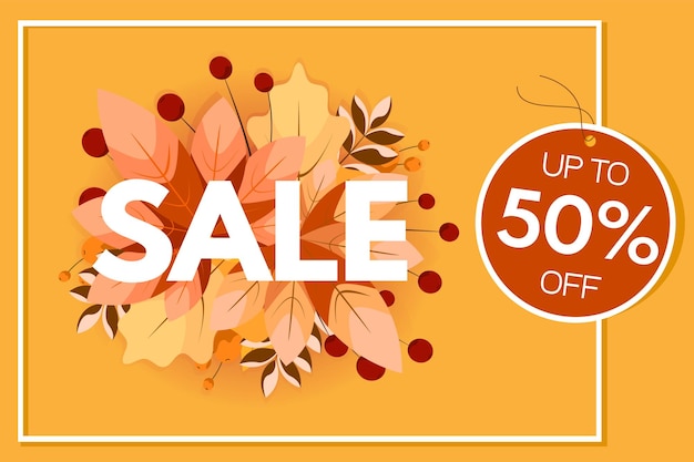 Autumn sale with 50 discount Label template banner with colorful leaves Vector illustration