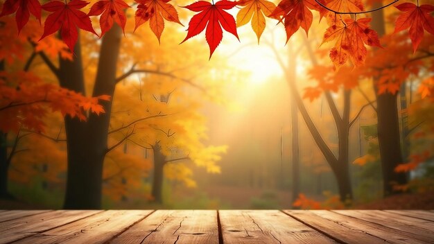 Vector autumn scenery with leaves and wooden deck