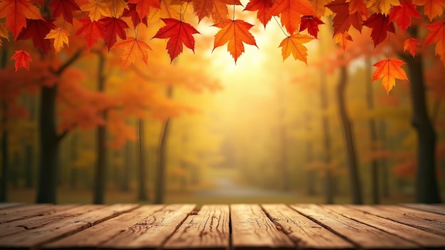 Vector autumn scenery with leaves and wooden deck