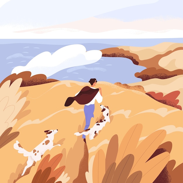 Autumn sea landscape with man walking with dogs. Happy person and pets strolling in scenic tranquil fall nature. Quiet holidays. Freedom and serenity concept. Colored flat vector illustration