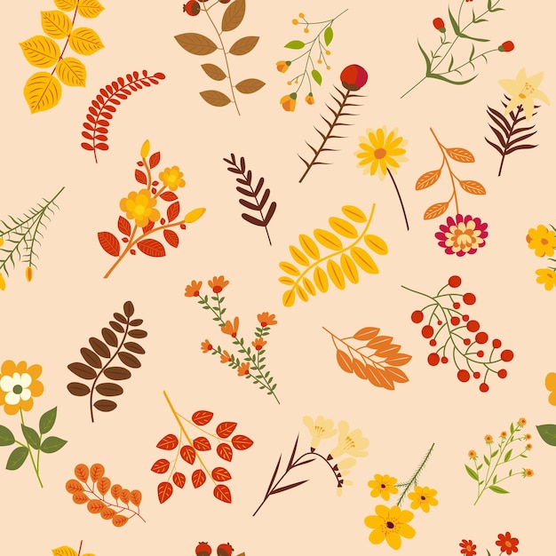 Autumn seamless background leaves flowers pattern vector