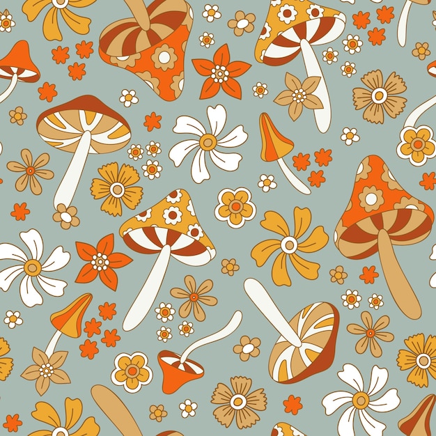 Autumn, seamless background with mushrooms and flowers in retro style. Bohemian, flower child, 60s,