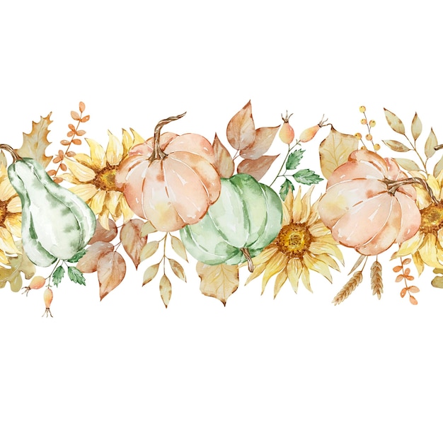 Autumn seamless border of watercolor pumpkins and sunflowers