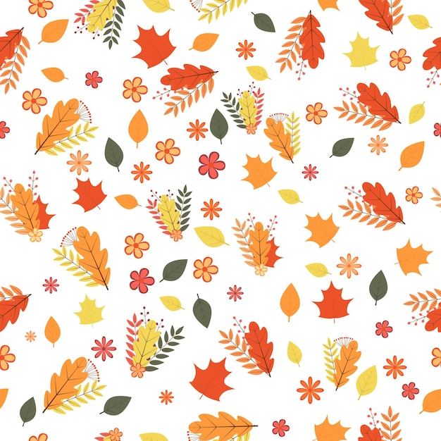 Autumn seamless pattern Colorful leaves flowers and berries isolated on white Fall theme vector illustration