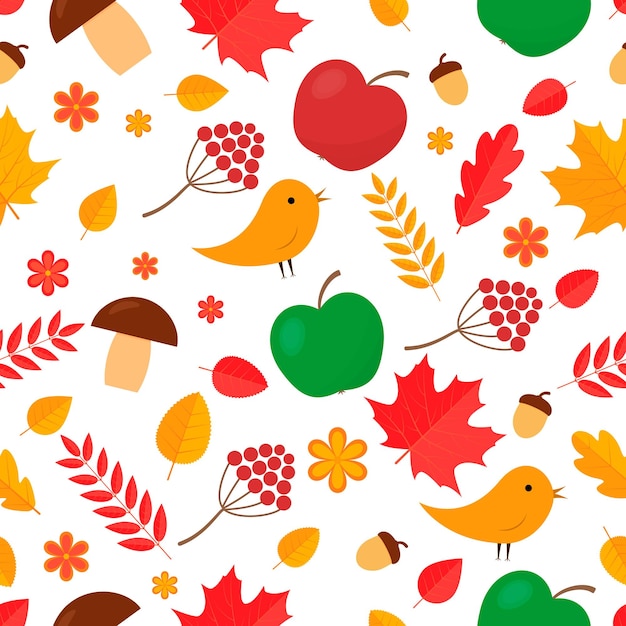 Autumn seamless pattern Fall leaves flowers berries acorns birds mushrooms apples isolated on white Vector background for fabric textile banner wrapping paper flyer etc