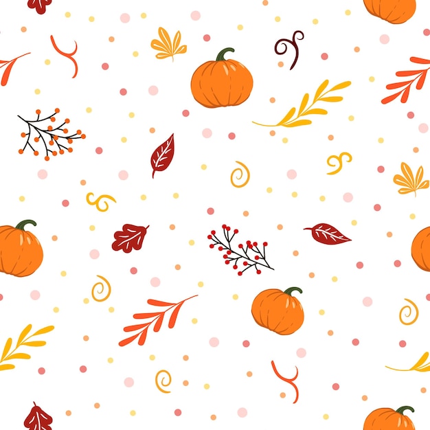 Autumn seamless pattern with branches leaves and pumpkins