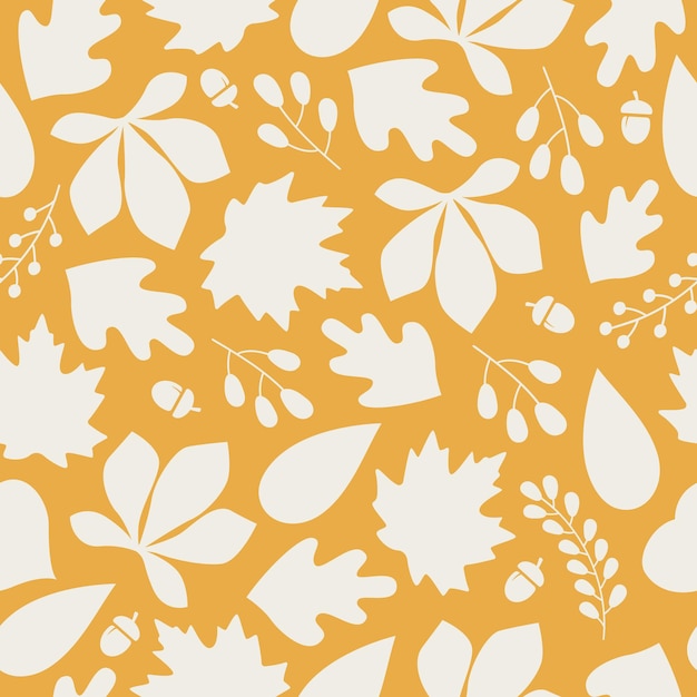 Autumn seamless pattern with colorful silhouette acorns leaves and berries on orange background