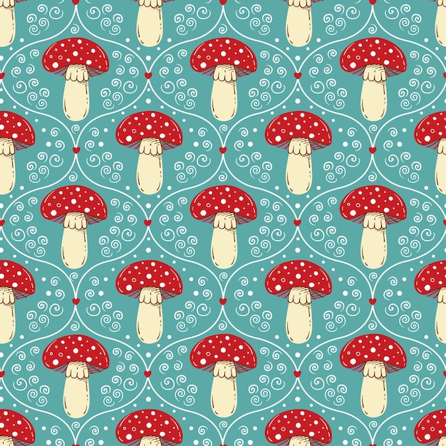 Autumn seamless pattern with cute amanita mushrooms