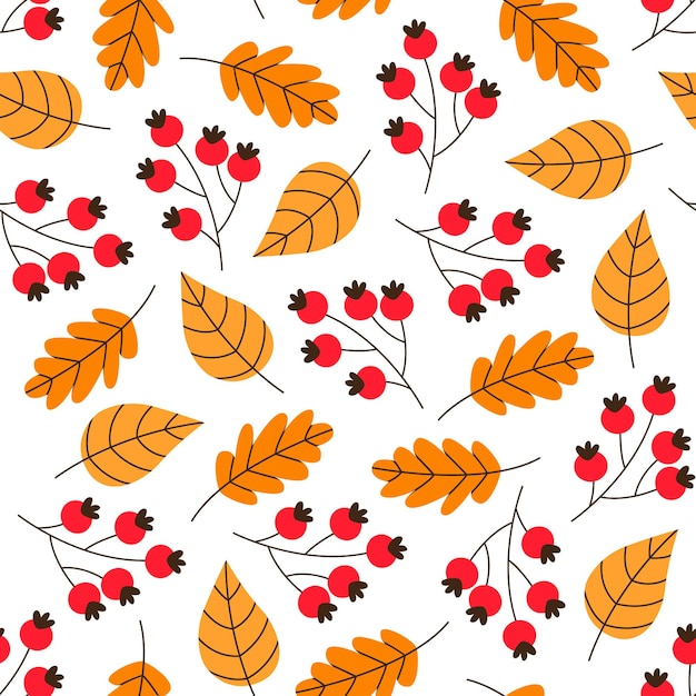 Autumn seamless pattern with falling leaf, berries. Rose hips, berries of rowan. Fall illustration