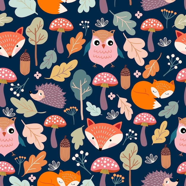 Autumn seamless pattern with funny animals