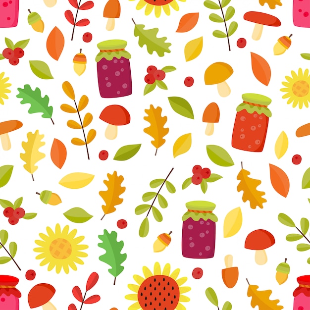 autumn seamless pattern with leaves, mushrooms and jam