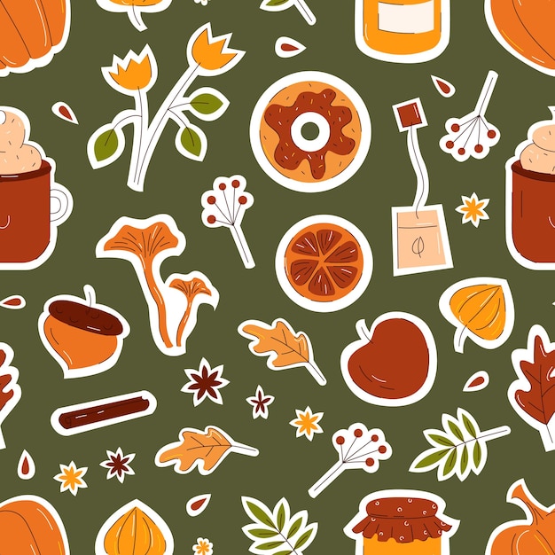 Autumn seamless pattern with leaves, mushrooms, pumpkin in flat hand drawn style