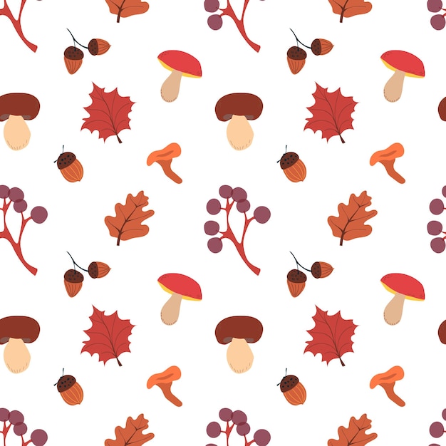 Autumn seamless pattern with mushrooms, leaves, acorns and berries. Fall vector pattern.