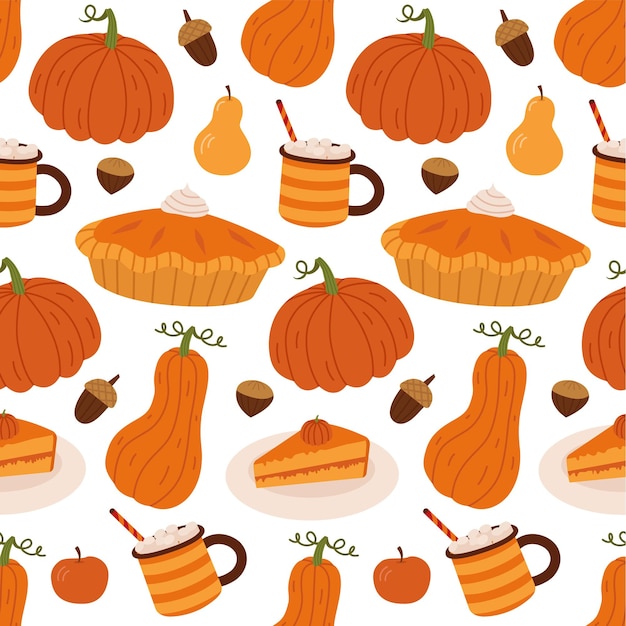 Autumn seamless pattern with pies, cocoa, pumpkins,  leaves, nuts. Wrapping paper. Autumn harvest.