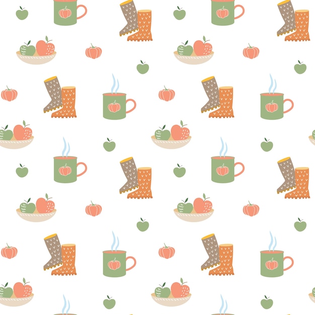 Autumn seamless pattern with rubber boots mug and apples