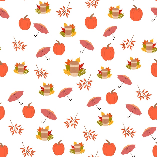 Autumn seamless pattern with umbrellas and autumn leaves Cute flat illustration of autumn pattern