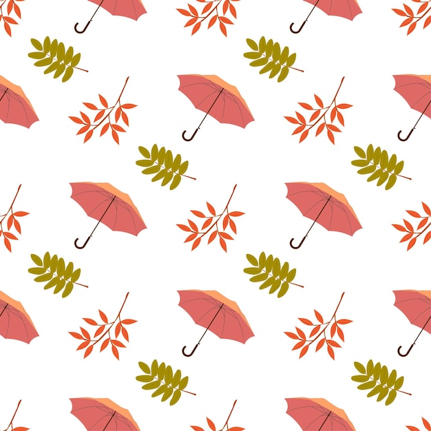 Vector autumn seamless pattern with umbrellas and autumn leaves cute flat illustration of autumn pattern