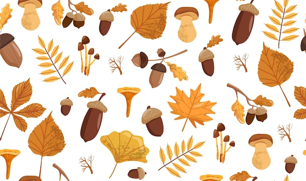 autumn seamless pattern with various mushrooms acorns and leaves