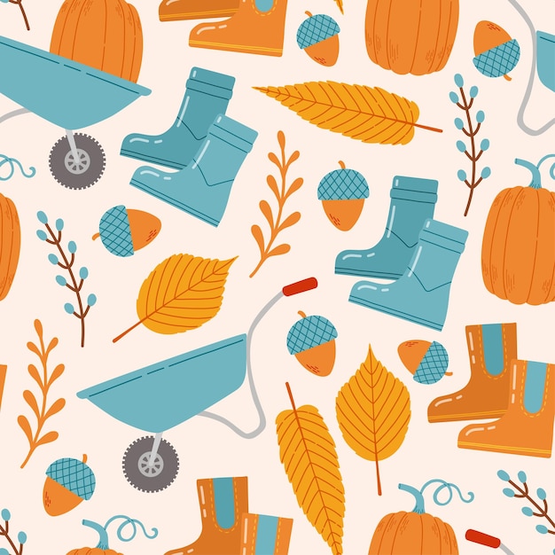 Autumn seamless pattern with wheelbaarows pumpkins leaves and branches vector illustration