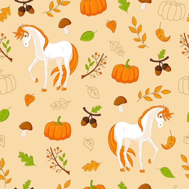 Autumn seamless texture, unicorns, pumpkins, leaves, mushrooms and acorns.