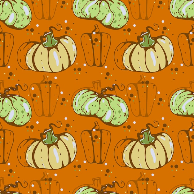 Autumn seamless vector pattern with pumpkins and fall leaves Hand drawn illustration