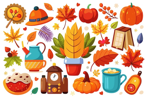 Vector autumn season icons with pumpkins leaves teapots and a cup of hot chocolate