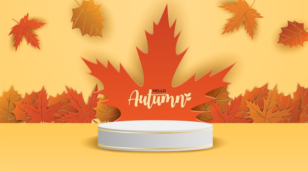 Autumn season theme product display podium. Design with leaves on orange background. paper art style. vector.