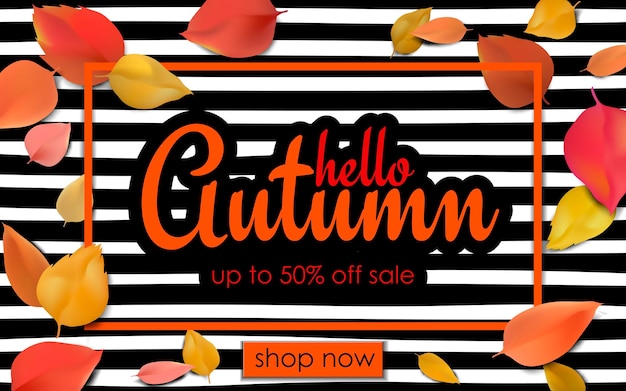 Autumn seasonal sale web banner offer 3d detailed mockup white wooden plank orange yellow leaves frame background Promotional template discount poster fall vector illustration art