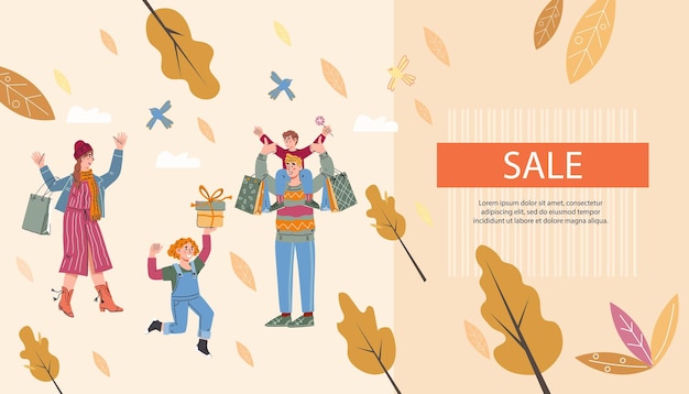 Autumn seasonal sale website or landing page layout family shopping flat vector illustration