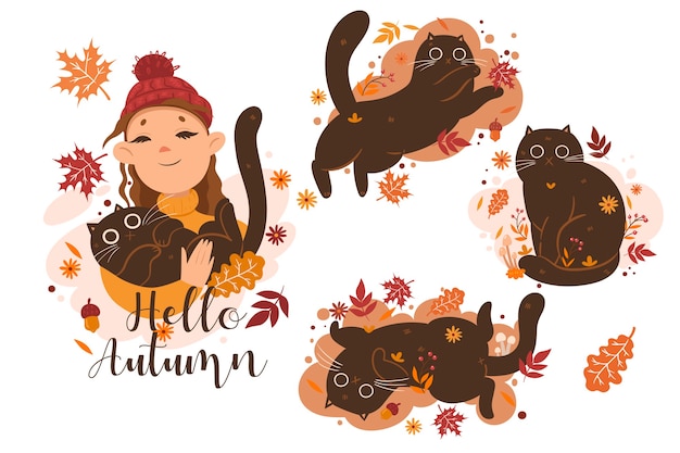 Autumn set of cats and girl illustrations and the inscription Hello Autumn. Vector graphics