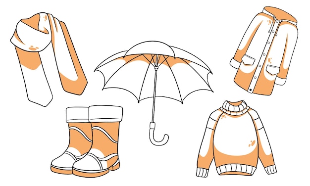 Autumn set. Collection of autumn items. Scarf, raincoat, sweater, rubber boots, umbrella. Line style. Vector illustration for design and decoration.