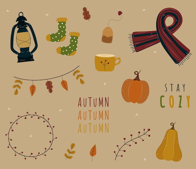 Autumn set of hand drawn cozy elements. Isolated doodle stickers of pumpkins, scarf, seasonal leaves