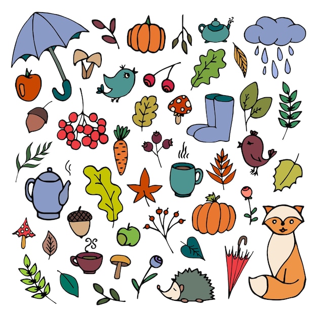 Vector autumn set icons  collection of autumn symbols in doodle style vector