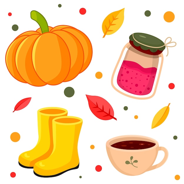 Autumn set of items. a pumpkin, a cup of hot drink, a jar of jam, rubber boots