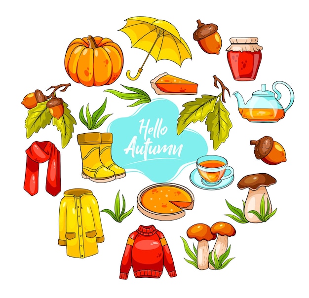 Vector autumn set. large collection of autumn items. pumpkin, tea, raincoat, scarf, boots, mushrooms, acorns in cartoon style. vector illustration for design and decoration.