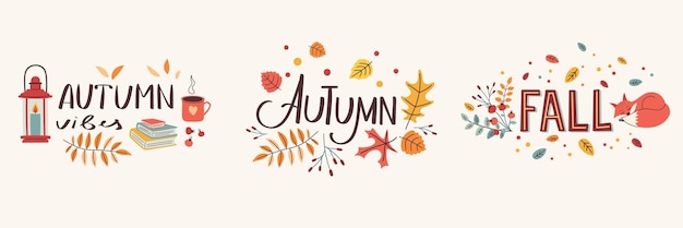 Autumn set of lettering in trendy flat design Autumn mood phrases with cute design elements