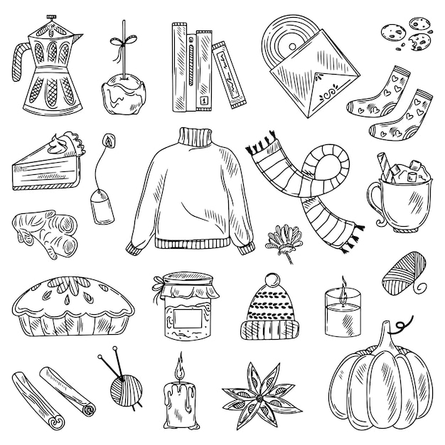 Autumn set of line design elements Fall Thanksgiving Day Pumpkin season Vector illustration