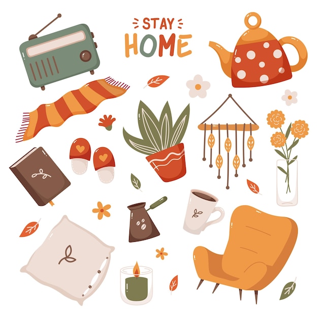 Vector autumn set of vector elements cartoon autumn interior icons cozy interior furniture and home decor