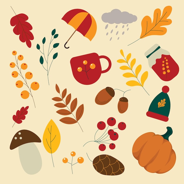 Autumn set of vector icons. cup, falling leaves, pumpkin, umbrella, mushroom, nuts, cone, hat, jam.