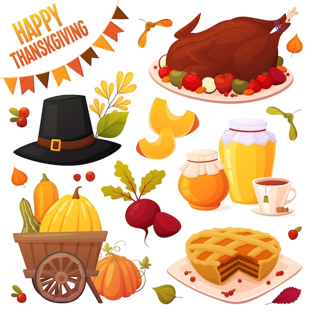 Autumn set with different vector elements: vegetables, pumpkins, pie, honey jars, couple tea, turkey plate, hat and leaves. Happy thanksgiving collection