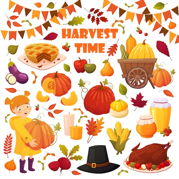 Autumn set with different vector elements: vegetables, pumpkins, pie, honey jars, turkey, hat and leaves.